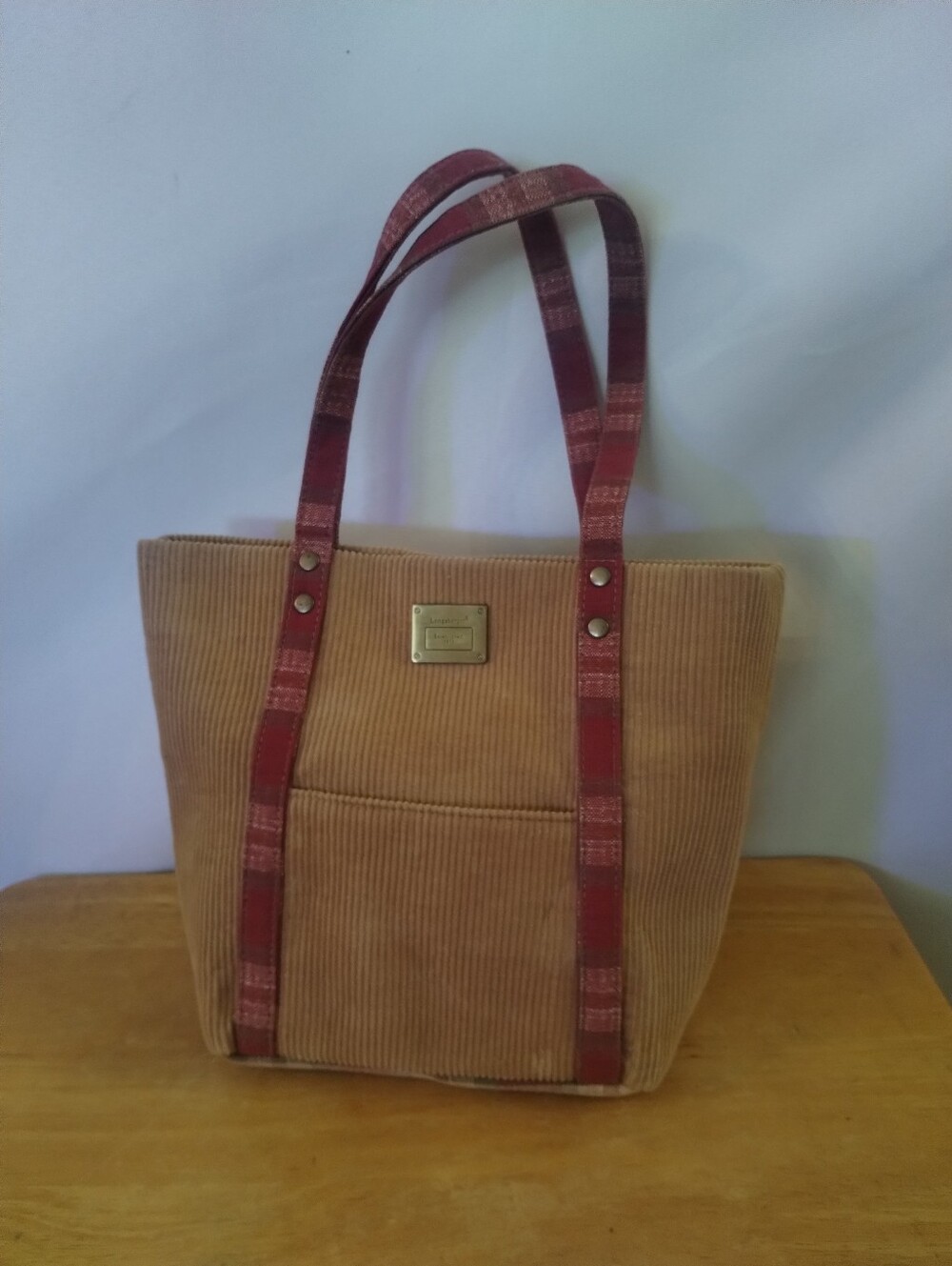 Longaberger Corduroy Tote Bag Plaid Straps Tan Shoulder Purse Preppy Cottagecore